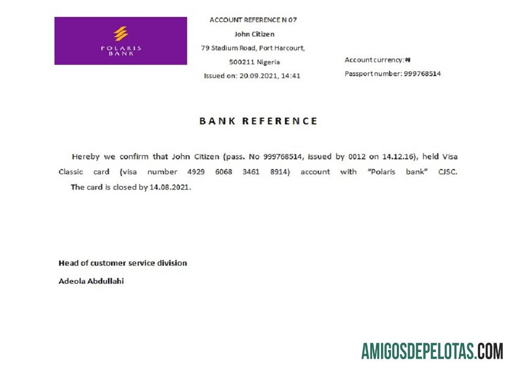 Referência de fechamento do banco Polaris da Nigéria modelo
